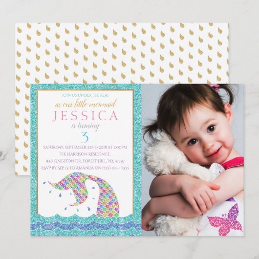 Invitation Chic Rainbow Parties scintillant Mermaid Photo 3e  (Devant / Derrière)