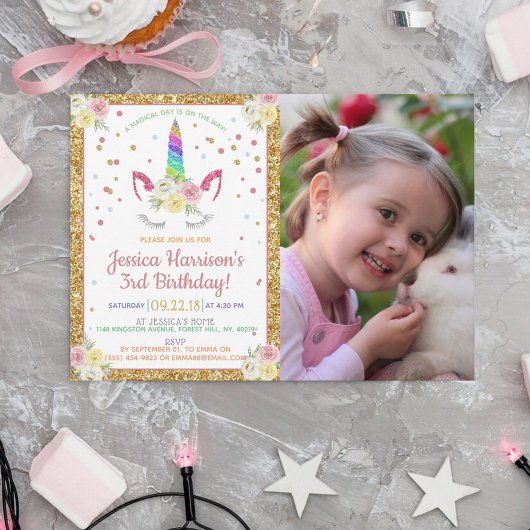 Invitation Chic Rainbow Parties scintillant Unicorn Photo Ann