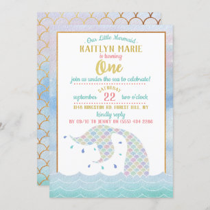 Invitation Chic Rainbow Watercolor Mermaid 1er anniversaire