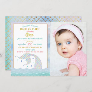 Invitation Chic Rainbow Watercolor Mermaid 1er Birthday Photo