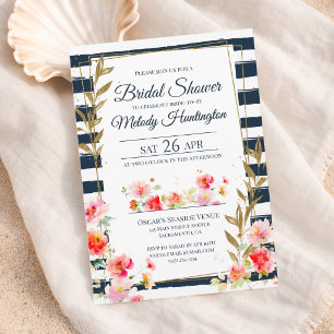Invitation Chic Rayures Navy Floral Or Nautique Enterrement d