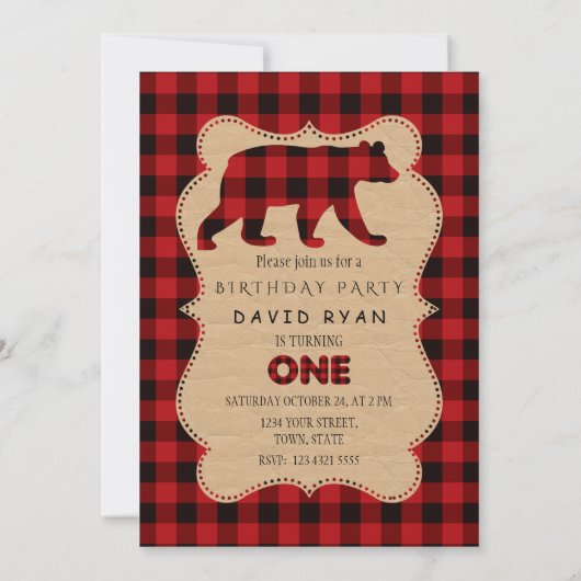 Invitation Chic Red Buffalo Flannel up Plaid Anniversaire ONE (Dos)
