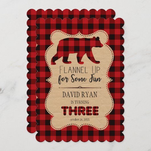 Invitation Chic Red Buffalo Plaid Birthday TROIS Custom (Devant / Derrière)