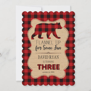 Invitation Chic Red Buffalo Plaid Birthday TROIS Custom