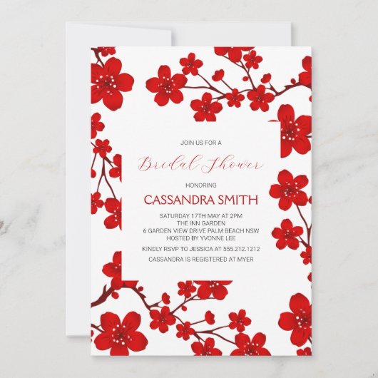 Invitation Chic Red Cherry Blossom Botanical Bridal Brunch (Devant)
