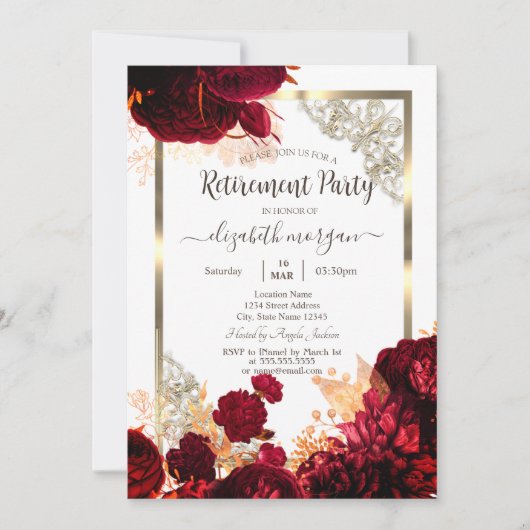 Invitation Chic Red Flowers Gold Frame Retraite (Devant)