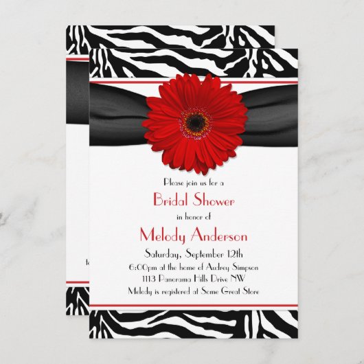 Invitation Chic Red Gerber Daisy Zebra Imprimer Fête des mari (Devant / Derrière)