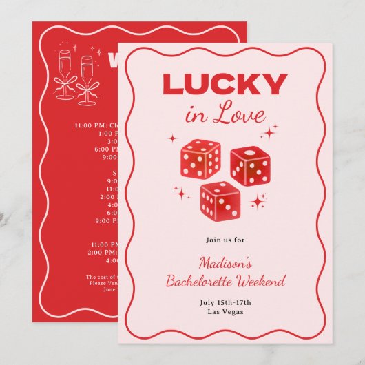 Invitation Chic Red Pink Lucky In Love Bachelorette Itinerary (Devant / Derrière)
