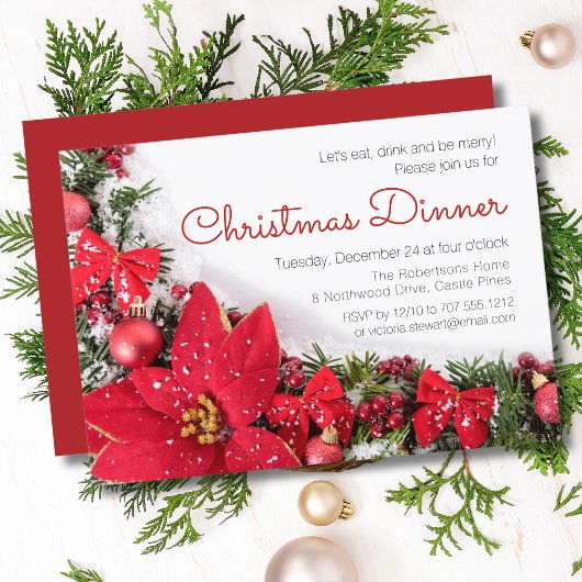 Invitation Chic Red Poinsettia Pine Noël Dîner