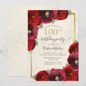 Invitation Chic Red Rose Water Floral Gold 100th Birthday (Devant / Derrière)