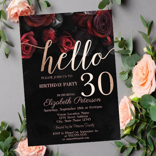 Invitation Chic Red Roses Black 30th Birthday Party