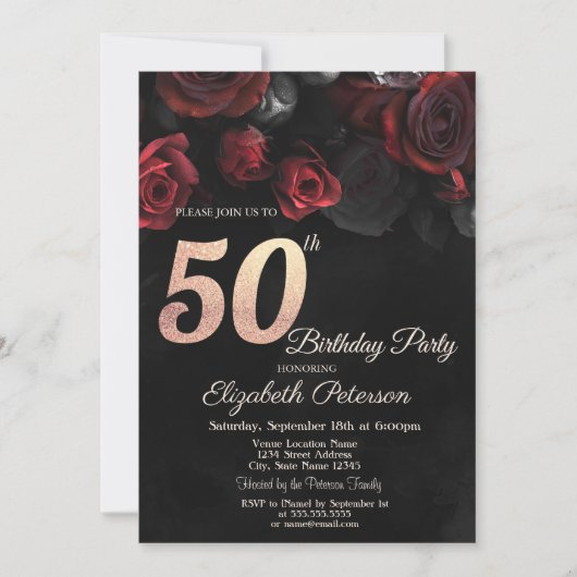 Invitation Chic Red Roses Black 50e anniversaire (Devant)