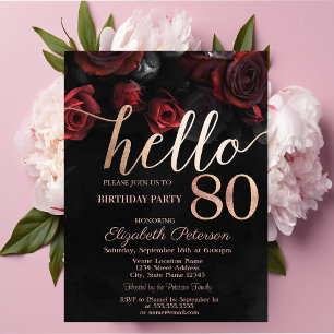 Invitation Chic Red Roses Black 80e fête d'anniversaire