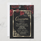 Invitation Chic Red Roses Gold Frame Black Quinceañera (Devant)