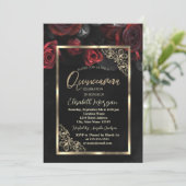 Invitation Chic Red Roses Gold Frame Black Quinceañera (Debout devant)