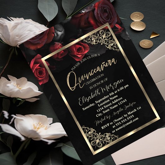 Invitation Chic Red Roses Gold Frame Black Quinceañera