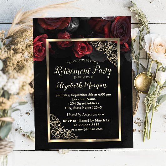 Invitation Chic Red Roses Gold Frame Black Retraite Party