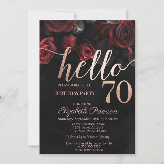 Invitation Chic Red Roses Noir 70e fête d'anniversaire (Devant)