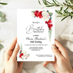 Invitation Chic Red White Rose Floral Anniversaire Brunch