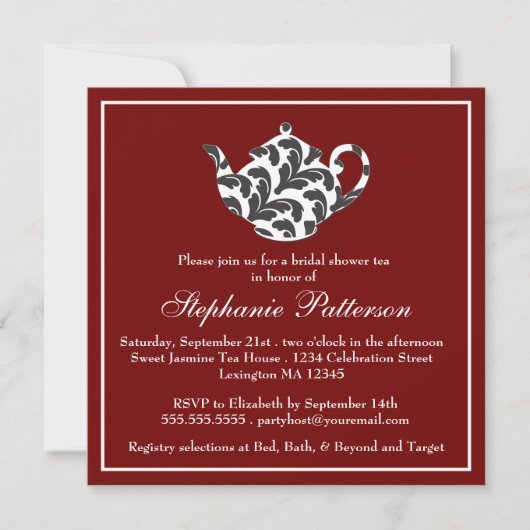 Invitation Chic Red & White w Damask Fête de l'mariée Tea Par (Devant)