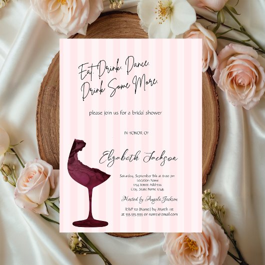 Invitation Chic Red Wine Glass Pink Striped
