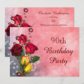 Invitation Chic Red & Yellow Roses 90e anniversaire (Devant / Derrière)