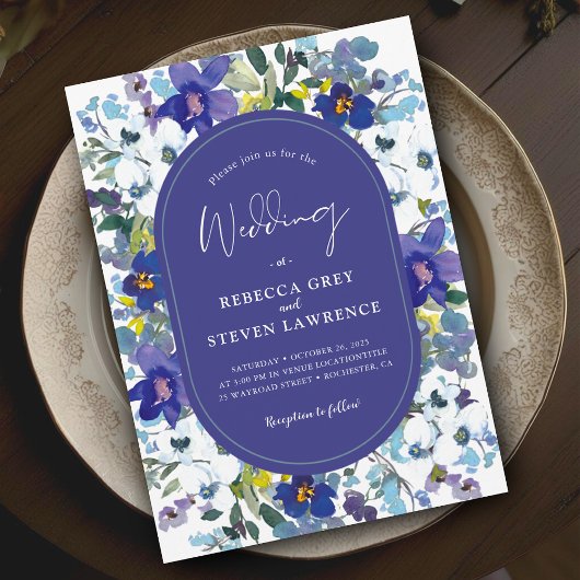 Invitation Chic ressort bleu foncé violet foncé mariage flora
