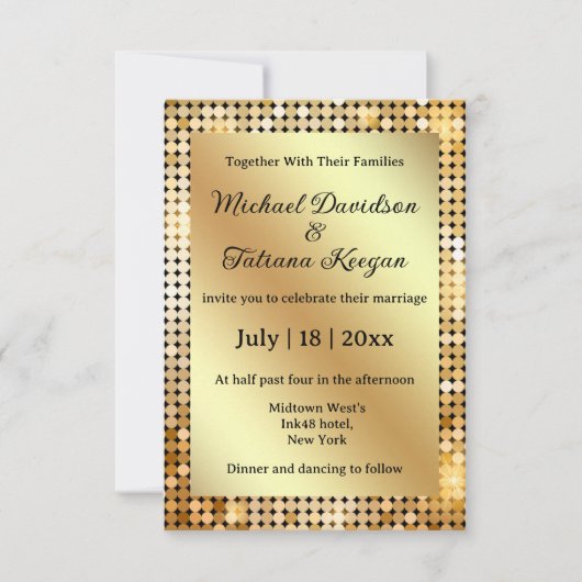 Invitation chic rétro disco or métal mariage (Devant)