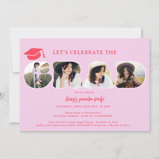 Invitation Chic Retro rose chaud 3 photos graduation script (Devant)