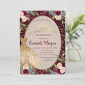 Invitation Chic Robe d'or Tiara, Roses Bourgogne Quinceañera (Debout devant)