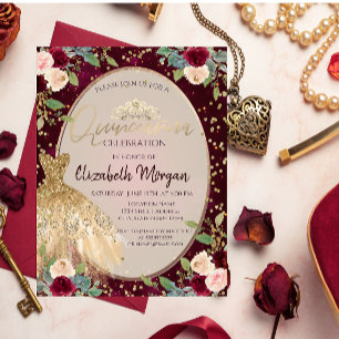 Invitation Chic Robe d'or Tiara, Roses Bourgogne Quinceañera