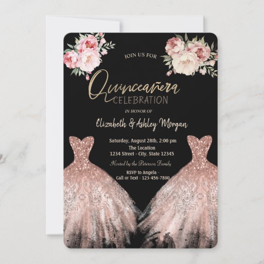 Invitation Chic robe élégante Floral Black Quinceanera (Devant)
