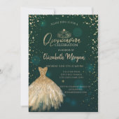 Invitation Chic Robe Or Tiara, Diamants Vert Quinceañera (Devant)