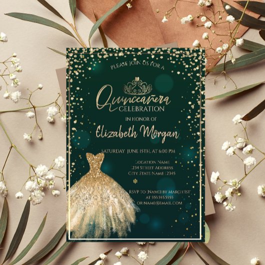 Invitation Chic Robe Or Tiara, Diamants Vert Quinceañera