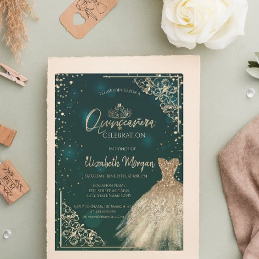 Invitation Chic Robe Vert Or Tiara, Diamonds Quinceañera