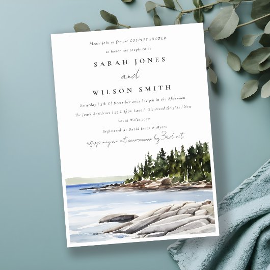Invitation Chic Rocky Pine Mountain Seascape Couples Douche