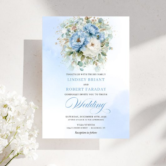 Invitation Chic Romantic Dusty Blue Peony Gold Floral Wedding