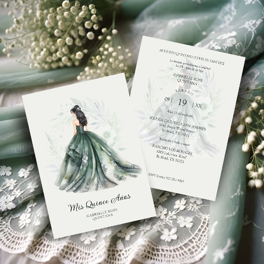 Invitation Chic Romantic Spanish Quinceañera Green Shades
