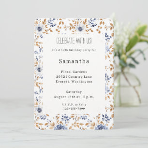 Invitation Chic Romantique Bleu Blanc Floral Anniversaire
