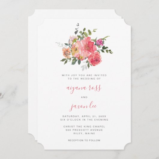 Invitation Chic rose Aquarelle Peony Bouquet Mariage (Devant / Derrière)