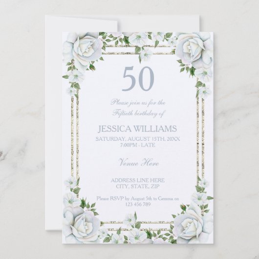 Invitation Chic Rose & Argent Frontière Florale 50e Anniversa (Devant)