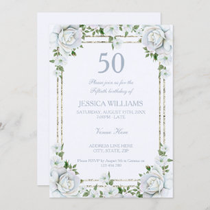 Invitation Chic Rose & Argent Frontière Florale 50e Anniversa