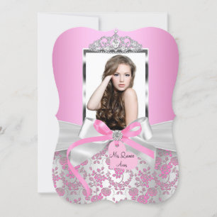Invitation Chic Rose Argent Nœud & Rose Photo Quinceanera