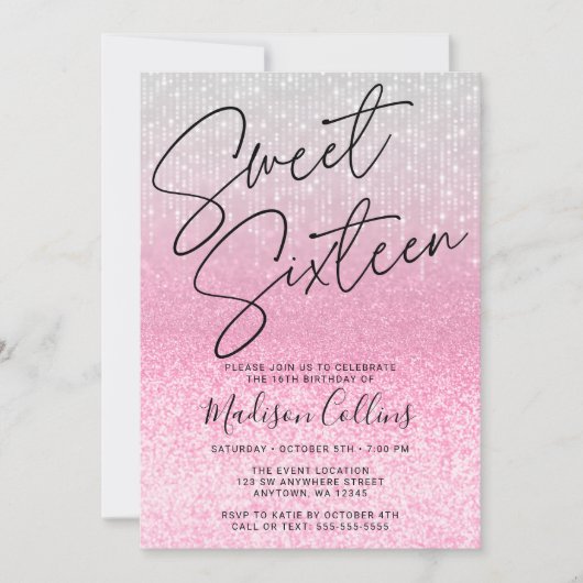 Invitation Chic rose argent Parties scintillant douce 16 (Devant)