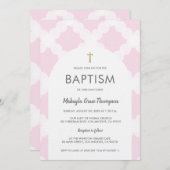 Invitation Chic rose blanc Croix d'or Arc Baptême bébé (Devant / Derrière)