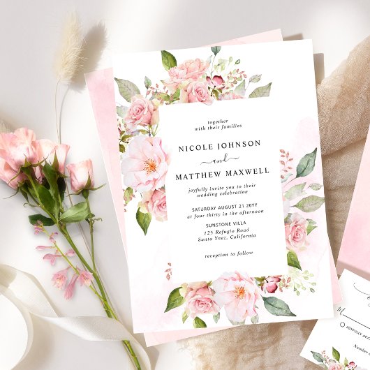 Invitation Chic rose, blanc et Rose or Mariage Floral