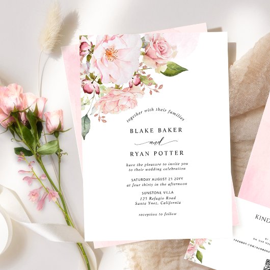 Invitation Chic rose, blanc et Rose or Mariage Floral
