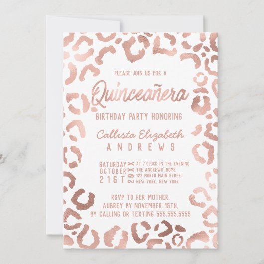 Invitation Chic Rose blanche or Cheetah Leopard Quinceañera (Devant)