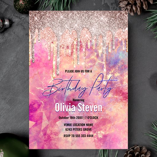 Invitation Chic rose bleu rose holographique goutte à goutte