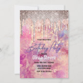 Invitation Chic rose bleu rose holographique goutte à goutte (Devant)